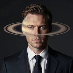 a portrait of a well dressed business man, the planet saturn is superimposed over his face!!!!!!,