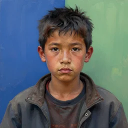 complementary colours, painted portrait of homeless runaway teenager working the street by ruan jia greg rutkowski, uncempt hair, clear face homeless intricate elegant detailed digital painting, concept art artstation sharp focus illustration