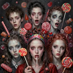 portrait, nightmare anomalies, candies and lollipop by dariusz zawadzki, kenneth blom, mental alchemy, james jean, pablo amaringo, naudline pierre, contemporary art, hyper detailed