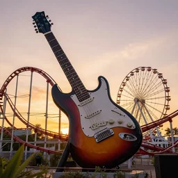 digital art of a giant roller coaster guitar during sunset with a ferris wheel in the background