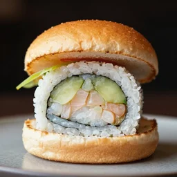 a burger made out of sushi, food photography, michelin star