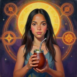 portrait of zoe saldana holding a yerba mate gourd with metal straw by mandy jurgens, cartoon, oil painting, visionary art, symmetric, magic symbols, holy halo, dramatic ambient lighting, high detail, vibrant colors