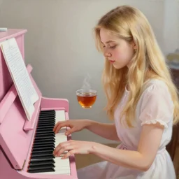 highly detailed painting of russian girl with long blond hair playing a pink piano with a cup of tea, realistic, soft light, sharp focus