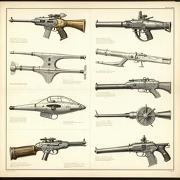 1900s catalogue of futuristic weaponry, vintage,