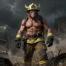 minotaur in a fireman outfit, in the style of Frank Franzetta, beefcake
