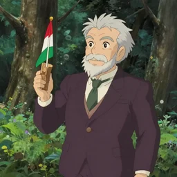 older man in a fancy suit with a hungarian flag in a forest, holding a wood piece, in the style of hayao miyazaki, studio ghibli, screenshot from totoro