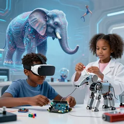 a painting of a black boy kid using a diy vr glasses arduino, a black girl kid scientist is constructing a elephant robot, futuristic, cyberpunk, xenomorphic, arduino, biomechanical, photorealistic, ultra detailed, 4 k, chromatic aberration, dof
