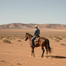 A lone cowboy riding a horse on Mars
