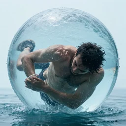 photo of a person trapped inside a large ball of water