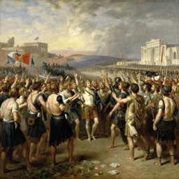 wide view of roman citizens greeting a parading heroic army on their return home, by john singer sargent