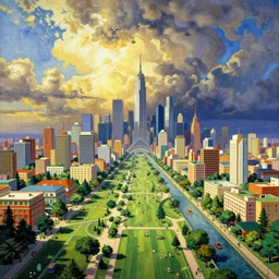 a futuristic cityscape by william blake, colorful, wide greenways, half sky half city