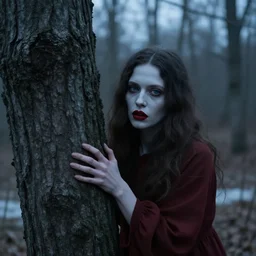 a woman is fusing with a tree. pale skin, red lips, blue eyes. folk horror. eerie. winter scene.