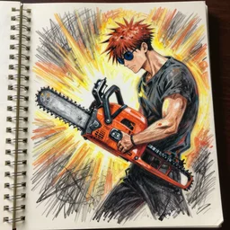 art brut drawing of chainsaw man but disengaged, found scribbled in a notebook
