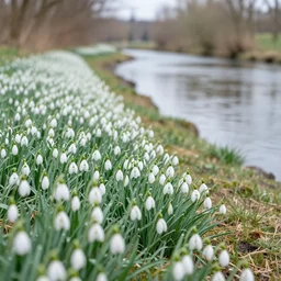 a field of snowdrops, next to a river in early spring