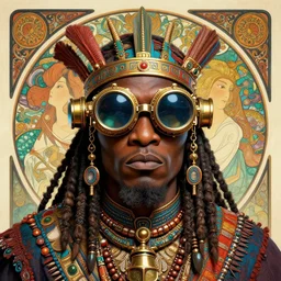 colourful vfx upper half - portrait - art of a african tribal chief wearing steam punk goggles, art by utagawa kunisada, james jean & alphonse mucha, symmetrical, intricate detail, concept art, volumetric light, ray tracing, caricature, digital illustration, digital painting, octane 3 d render, unreal engine, sharp, pinterest, behance, art station,