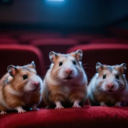 hamsters in a cinema, movie still, cinematic, sharp focus, color grading from blade runner 2 0 4 9, cinematic grain, cinematic lighting, 8 k