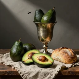 still life by willem claesz heda, avocados, chalice, fly, linen, bread