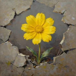 a yellow flower blooming in the midst of a broken world, oil painting