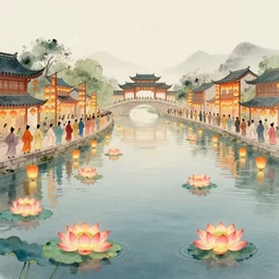 grand festival, river lanterns and lotus flowers floating on the water, chinese watercolor style, trending on artstation, global illumination, radiant light, night lighting, art by wlop and greg rutkowski,, detailed and intricate environment, 8 k