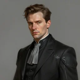 Portrait of a man by Greg Rutkowski, he is about 40 years old, mixture between russian and irish, coiffed brown hair, attractive, extremely pale white skin, smart looking, he is wearing a black futuristic lawyer outfit, highly detailed portrait, scifi, digital painting, artstation, concept art, smooth, sharp foccus ilustration, Artstation HQ