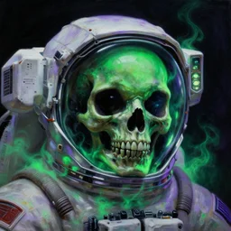 ( ( ( ( a close - up view portrait of a lone astronaut ) ) ) ), brutalist dock halls with green alien fog, close - up view, detailed textures. glowing green purple fog, dark black background. murder poison skull face, highly detailed fantasy science fiction painting by moebius, norman rockwell, frank frazetta, and syd mead. rich colors, high contrast