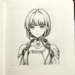 sketch ink art on note paper with grid, anime girl cyberpunk