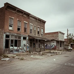photo of a deserted town centre, run down, vandalised, graffiti, 1 9 2 0 s