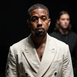 a ( ( ( ( ( ( ( ( ( chiaroscuro lighting portrait ) ) ) ) ) ) ) ) ) ) of kanye west ( ( ( ( ( ( dressed as rick owens ) ) ) ) ) ), black background, portrait by julia margaret cameron, shallow depth of field, 8 0 mm, f 1. 8