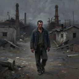 dark oil realistic painting a gaunt man is walking at the slums of communist industrial town
