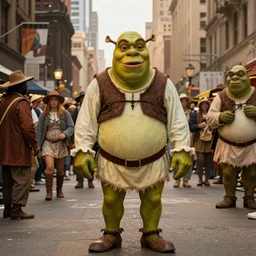 a wide full shot, colored historical fantasy of a shrek dressed in drag at the v - day celebrations in new york city, photographic portrait, warm lighting,. ultra realistic, photorealistic, cinema, hyper realistic, warm lighting