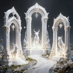 a very detailed concept art of intricate and well designed white magical gates to the land of animal spirits, dynamic lighting, trending on artstation, path traced, highly detailed, high quality, digital art, 4 k, hyper realistic, octane render, sharp focus