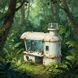 a rusted white laboratory in the middle of a lush rainforest, sci - fi, by greg rutkowski and james gurney, trending on artstation