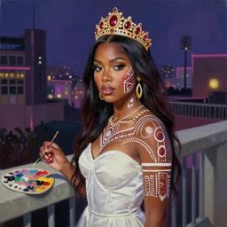 palette knife oil painting portrait of sza, a princess - with gold tiara with rubies and diamonds, woman in white dress and australian aboriginal body paint, concrete balcony, nightclub, artstation trending, artgerm, any racial background, deviant art, hipster, octane, substance, art history 8 k