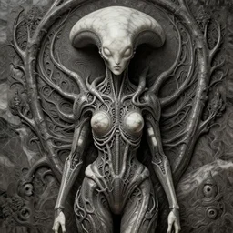 female alien, tubular creature, blood vessels, no face, dystopian surrealism, alex ries zdzisław beksinski giger, symmetry accurate features, very intricate details, hres, naraka buddhist demon korean female, symmetrical long head, smooth marble surfaces, detailed ink illustration, metal gear, cinematic smooth stone, deep aesthetic, concept art, post process, carved marble texture silk cloth, latex skin, highly ornate intricate details