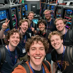selfie of a tight group of happy drunken hackers at a party in a highly detailed server room with computers everywhere and wires, nerds, in a scifi movie, vivid colors, by jamie hewlett, nuri iyem, james gurney, james jean, greg rutkowski, anato finnstark. hyper detailed, wide angle, perfect faces
