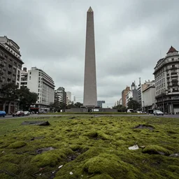 buenos aires in ruins, post - apocalyptic, avenida 9 de julio obelisco, moss, decay, lone survivor