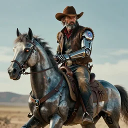 a beautiful portrait of a grizzled cowboy with futuristic cybernetic glowing enhancements, dynamic pose, mounted on a robot horse, sci - fi, cyberpunk by ruan jia, jules bastien - lepage, 8 k