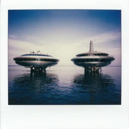 Abandoned futuristic 70s structures floating in the water, two point perspective, photograph, polaroid, dilapidated look, Grainy, expired film