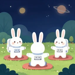 a still frame illustration of a a three astronaut rabbits doing yoga in a night park, planet parade by quint buchholz, cheng hsiao - ron, wes anderson, fujita goro, edward hopper, rene magritte, simon stalenhag, fine details, ornate
