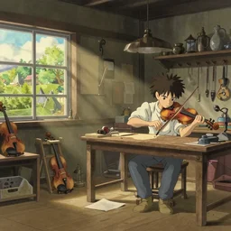 violin maker studio, natural lighting, wide angle, natural color scheme, intricate details, matte painting, illustration, by hayao miyazaki