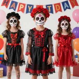 day of the dead costumes, kids birthday party, kids birthday party, photoshoot, trending magazine, hyperrealistic, octane render,