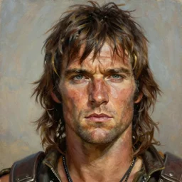 portrait of dennis hopper as a scheming warlord character in mad max 2 : the road warrior, film still, detailed realism face in painting, detailed beautiful portrait, oil painting masterpiece, 8 k resolution, smooth, sharp focus, trending on artstation, by rembrandt