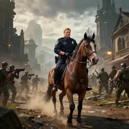 police riding a militarized horse  through an orwellian town, troops searching the area, action scene, an epic fantasy, dramatic lighting, cinematic, establishing shot, extremely high detail, photorealistic, cinematic lighting, artstation, octane render, by Christopher Nolan, horizon forbidden west