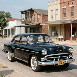 1 9 4 8 desoto car, black, driving through a 1 9 5 0 s town, in the style of norman rockwell