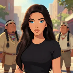 full body cartoon render painting of a strikingly gorgeous assiniboine and mandan kim kardashian with blue eyes and long dark brown hair, wearing a black crew neck tshirt, outside urban background, rossdraws, studio ghibli, norman rockwell, emiliano ponzi, epic composition, hd, octane, unreal engine, volumetric lighting, light rays, masterpiece, award - winning