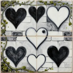 black and white hearts in an abstract pattern, masonry bricks with vines and mossy growth. fantasy oil painting as a fancy ceramic tile design