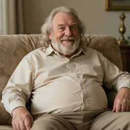 cozy wide picture of older handsome lord richard is sitting gracefully on a sofa, his eyes look wise, happy wise. oh he is a human by the way, wear's beige shirt, has bouncy belly