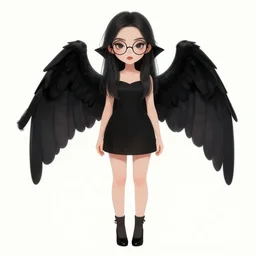 girl wearing round glasses, beautiful, detailed full body illustration, black wings, vampire, 4 k, artstation, concept art, anime, ink outlines, dark landscape, wlop, wadim kashin