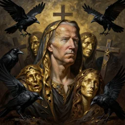 dante's inferno painting biden, crows, crosses, dark beauty, rotten gold, perfect faces, extremely detailed, cinema 4 d, unreal engine.
