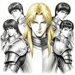 portrait of long hair blond man in armor, pen and ink, intricate line drawings, by craig mullins, ruan jia, kentaro miura, greg rutkowski, loundraw